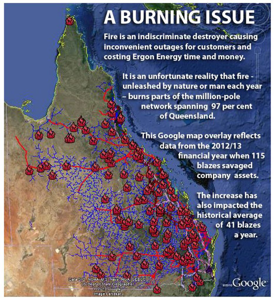This map shows Ergon-owned assets that were damaged by bushfires last year. This map shows Ergon-owned assets that were damaged by bushfires last year.